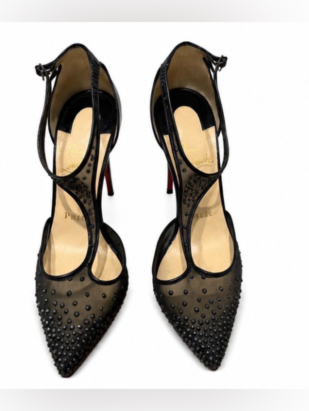 Christian Louboutin Black Mesh Crystal T-Strap Pointed Pumps